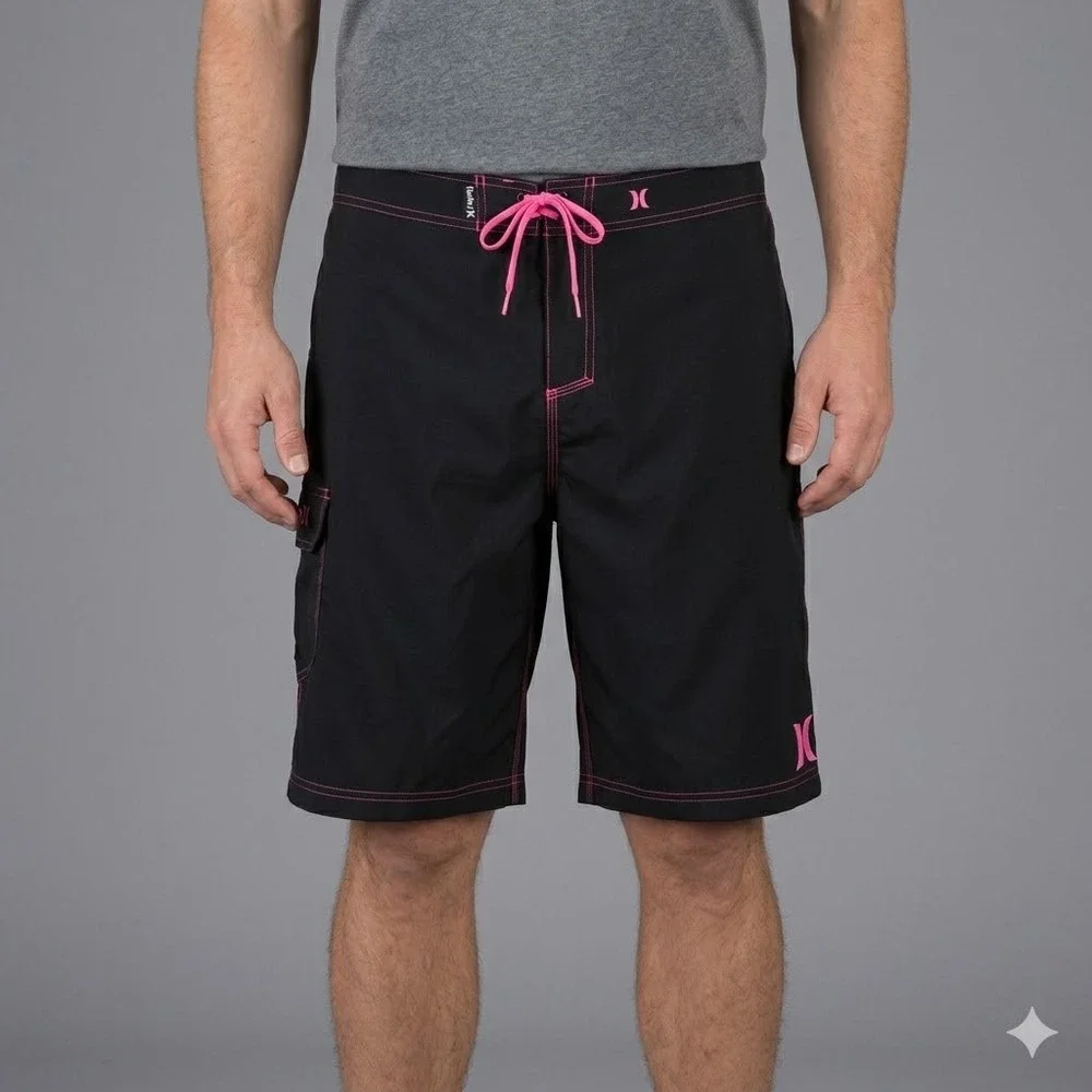 Hurley Board Shorts Phantom Black Pink Contrast Stitching Surf Swim Size 42